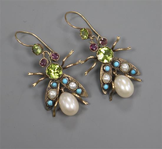 A pair of yellow metal and multi gem set bug drop earrings, 30mm.